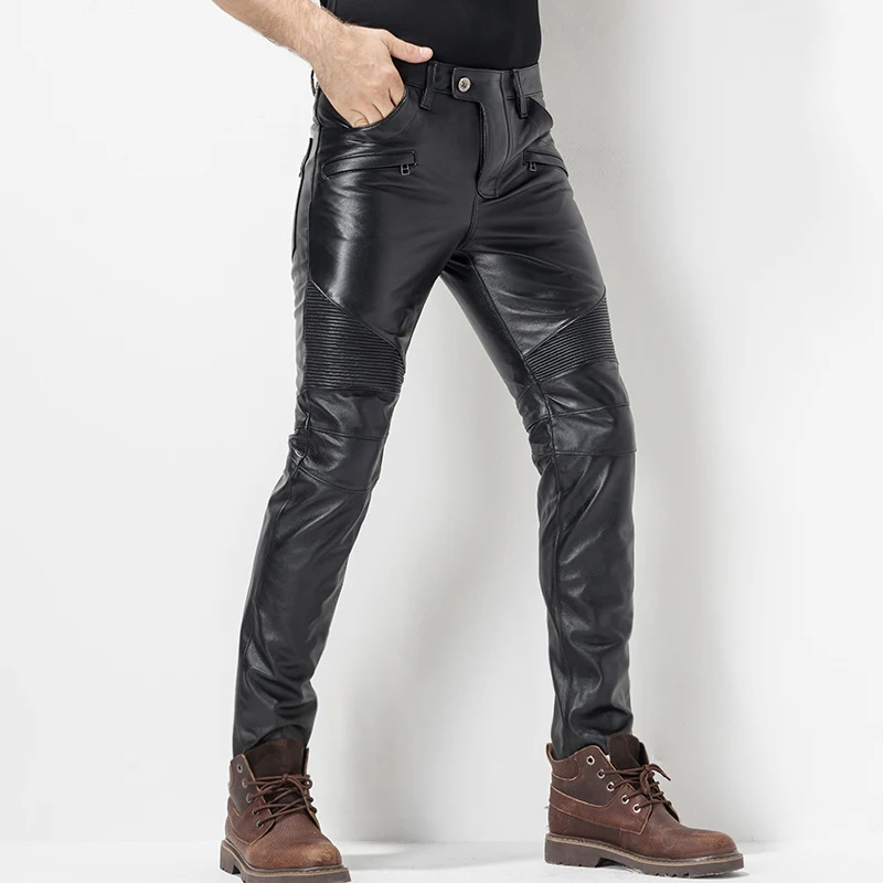 Windproof Thicken Winter New Mens Slim Pants Genuine Leather Cow Male Fashion Zipper High Quality Brand Pants Plus Size 36