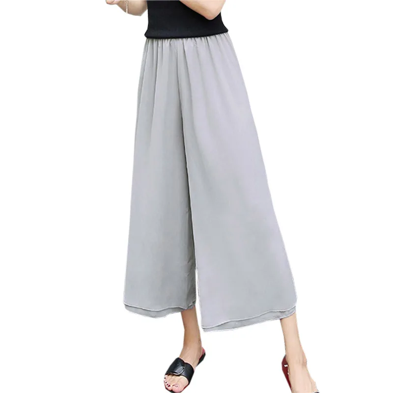 Для женщин шифон брюки капри сплошной Цвет свободные широкие штаны эластичные Высокая Талия шифон Брюки 2018 Летние Пляжные штаны FP0933