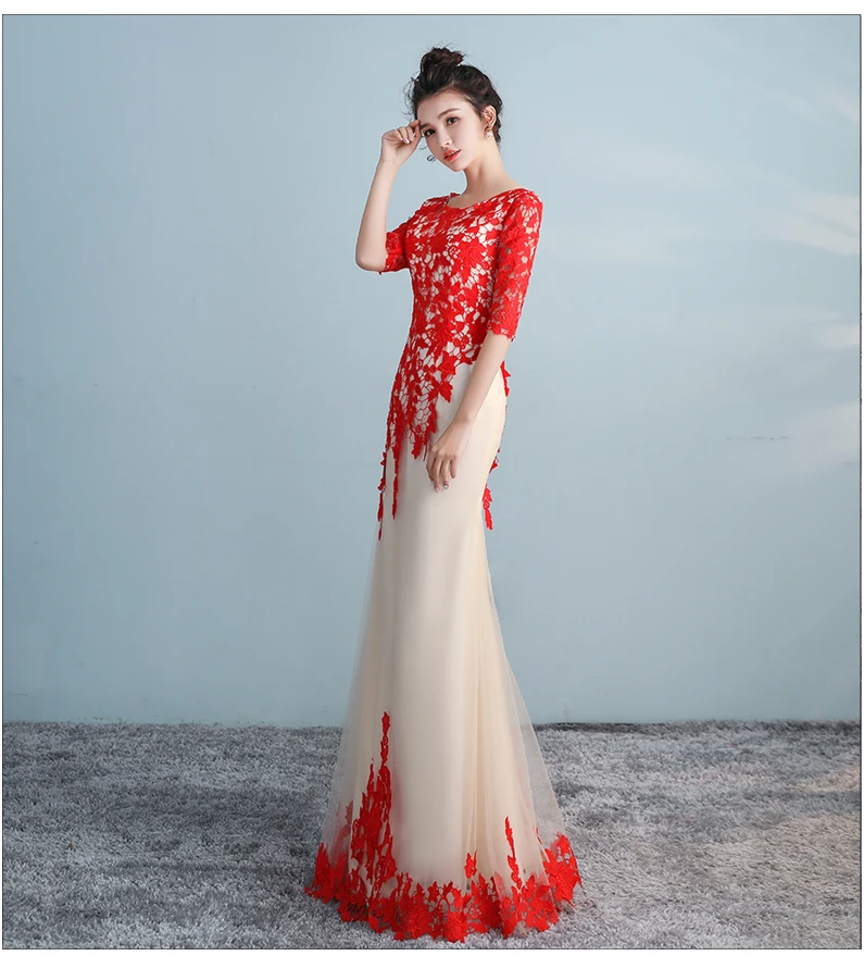 JaneVini Vestido Boda Invitada платье подружки невесты в стиле русалки с красным кружевом Тюль, цвет Шампань с коротким рукавом длинное свадебное платье