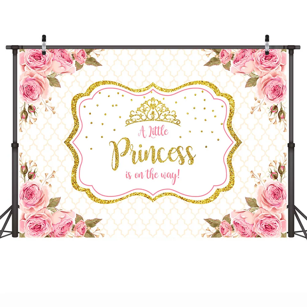 Mehofoto Baby Shower Photo Backdrop for Photography Little Princess Newborn Flower Background Gold Crown Birthday Party Booth