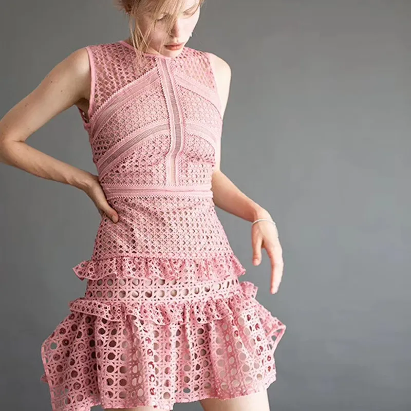 

pink dress 2017 summer women party dresses runway cutout irregular pink lace sleeveless A line MINI dress kerst jurk dames