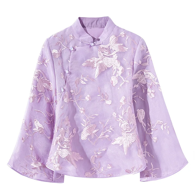 

New Women's Boutique Embroidered Retro Button Big Horn Sleeve Loose Costume Han Chinese Clothing Female Purple Apricot