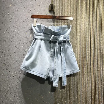 

High waist ruffles denim women shorts solid belt blue wide leg shorts female sexy hot shorts night club sexy shorts top quality