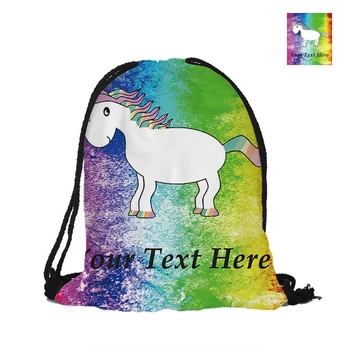 

Personalized Text Unicorn With Rainbow Color Printed Drawstring Bag Backpack Gift For School Girl Boy Printing Travel Softback