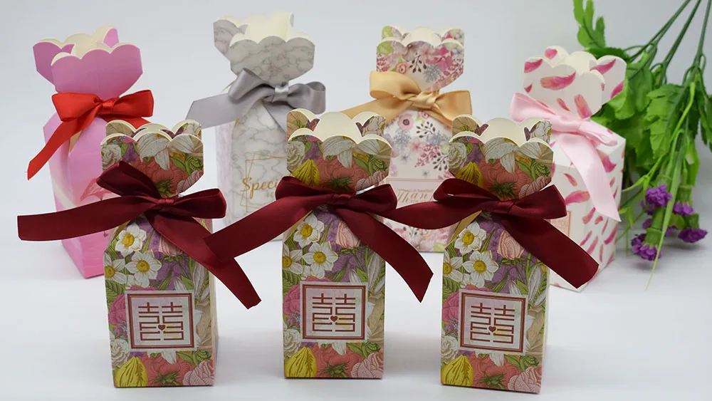 Свадебные картон конфеты подарочная коробка шоколад упаковка сумки с для свадебного подарка, с лентой Baby Shower День рождения украшения