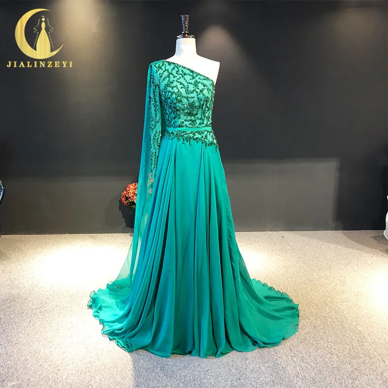 

JIALINZEYI Real Picture One shoulder Long Sleeves Beads A-line Chiffon Formal party Dress evening Dresses
