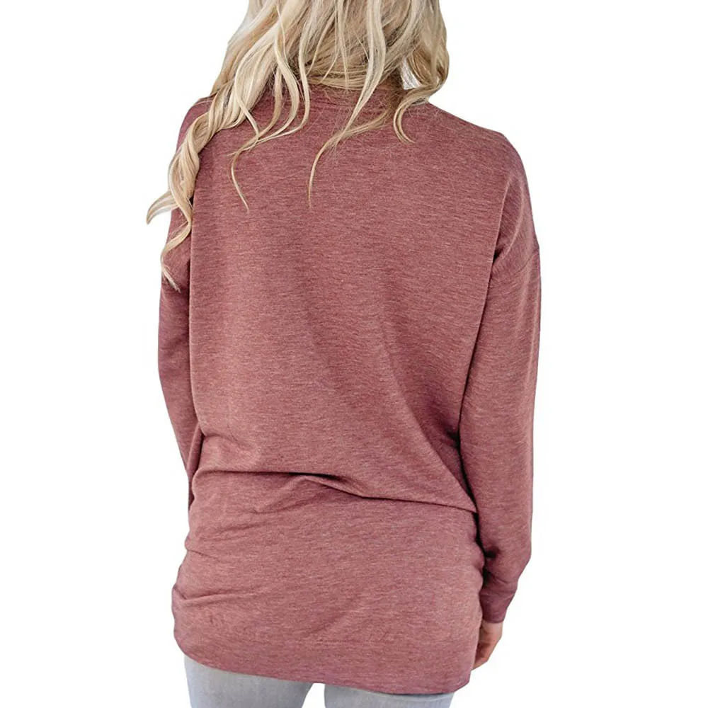 FEITONG модная женская летняя рубашка с карманами и длинным рукавом, женская Свободная Повседневная Однотонная футболка с круглым вырезом, Топ
