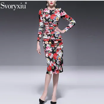 

Svoryxiu Spring Summer Runway Sexy Bodycon Dress Women's Elegant Long Sleeve Vintage Floral Print Ruched Sheath Party Dresses