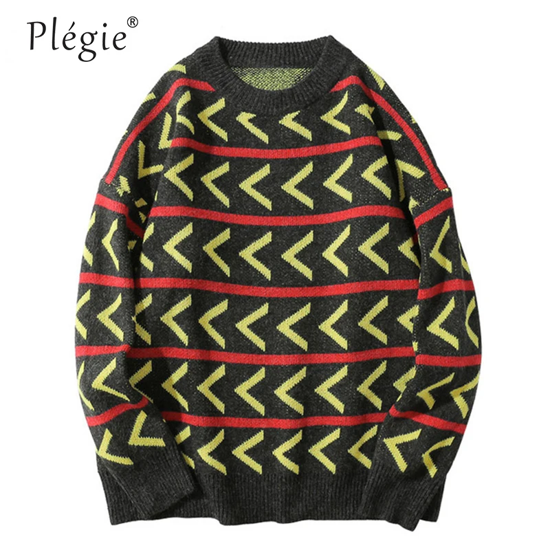 Plegie стрелка Полосатый пуловер вязаные свитера мужские хип-хоп Harajuku свитер для улицы 2018 осень мужской свободные свитера Топы