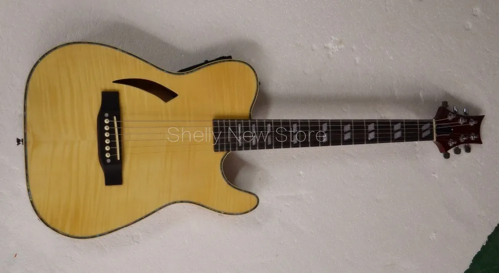 

Shelly new store factory custom flame maple top semi-hollow body wood tremolo abalone PVC binding EQ acoustic electric guitar
