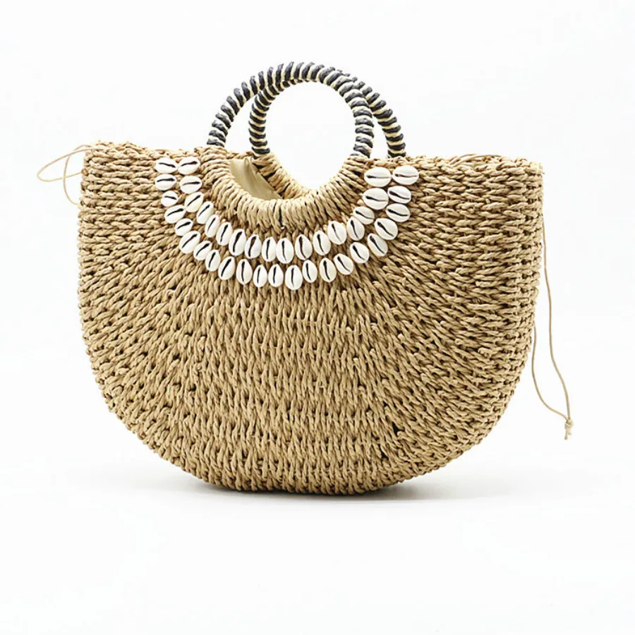 

Bohemian Shell Rattan Bags Striped Round Handle Women Handbags Wicker Straw Totes Designer Bamboo Lady Summer Beach Women Bags