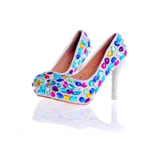 Multicolor Blue Red Crystal Wedding Shoes Women Cinderella Prom Shoes with Silver Rhinestone Heel Bride Wedding Party Pumps