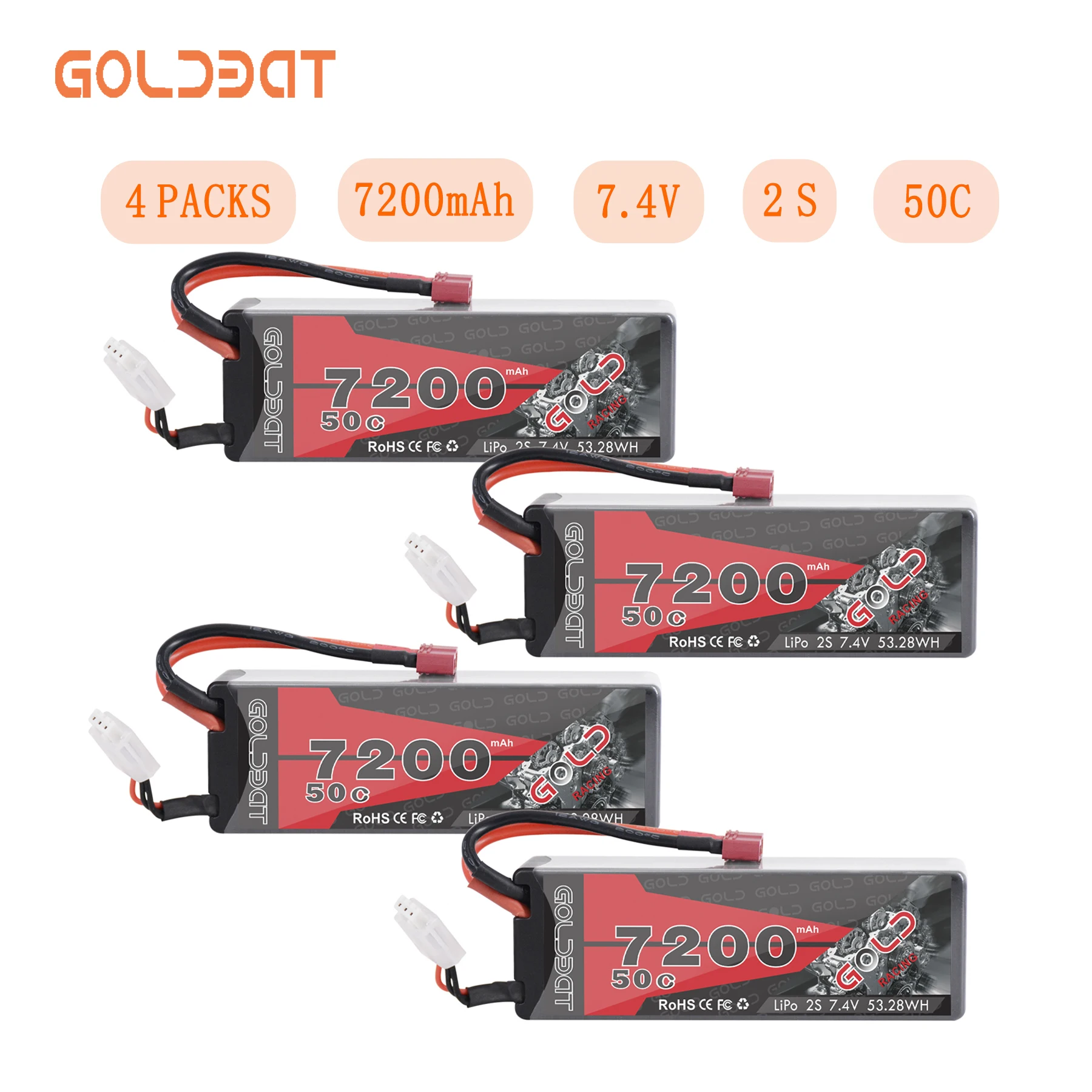 

4UNITS GOLDBAT 7200mAh LiPo Battery for RC 2S 50C Battery LiPo 7.4V with T Plug for RC Car Truck Tank Losi Traxxas Slash Truggy