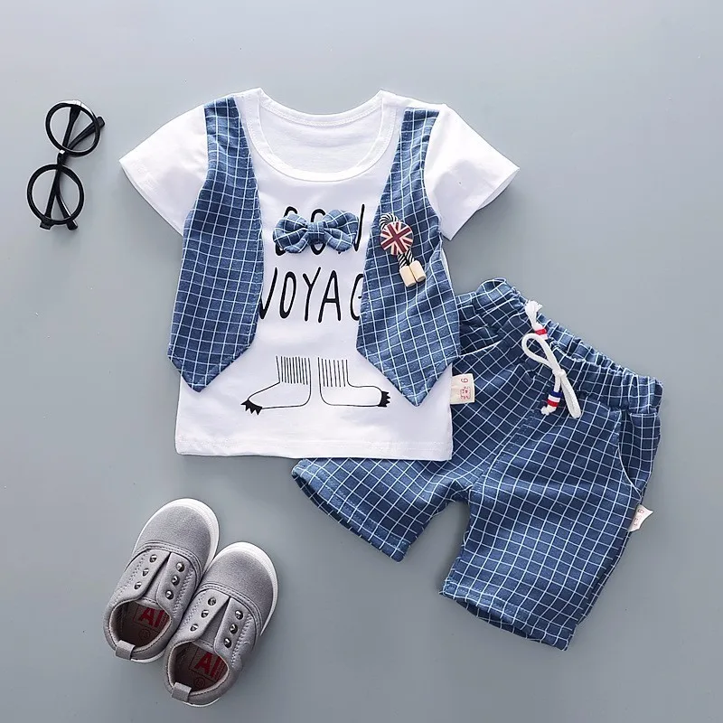 Детские тренировочные костюмы для маленьких мальчиков и девочек короткая футболка и шорты 2 шт./компл. летний детский костюм джентльмена с галстуком-бабочкой для бантом чистый одежда из хлопка - Цвет: AQdajiao Blue