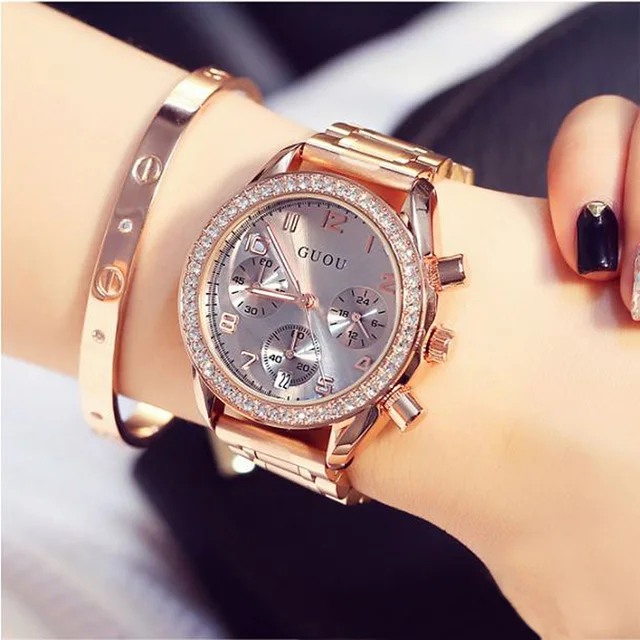 GUOU 2018 Women's Watches Rose Gold Bracelet Watches Sport Rhinestone Clock Fema GUOU 2018 Women's Watches Rose Gold Bracelet Watches Sport Rhinestone Clock Fema