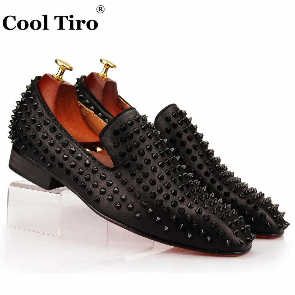 

COOL TIRO Stuts Black Spikes Loafers Men's Flats Smoking Slipper Shoes Party Wedding Men Loafers Genuine Leather Dress Shoes
