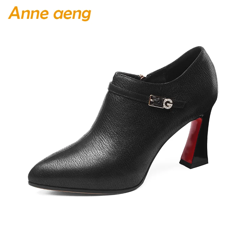 

2018 New Autumn/Spring Genuine Leather Women Shoes High Heel Pointed Toe Zip Office Ladies Elegant Women Pumps Black Women Shoes