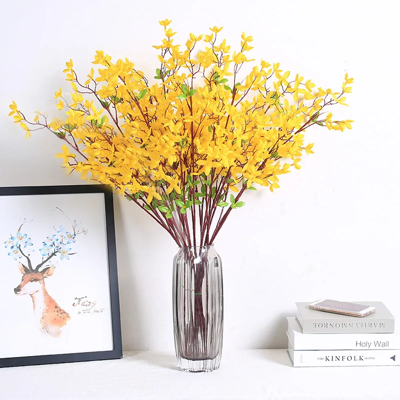 

Yellow Winter Jasmine Artificial Flowers with Green Leaf Table Home Wedding Decor DIY Supplies Silk Fake Flower Holiday Gift