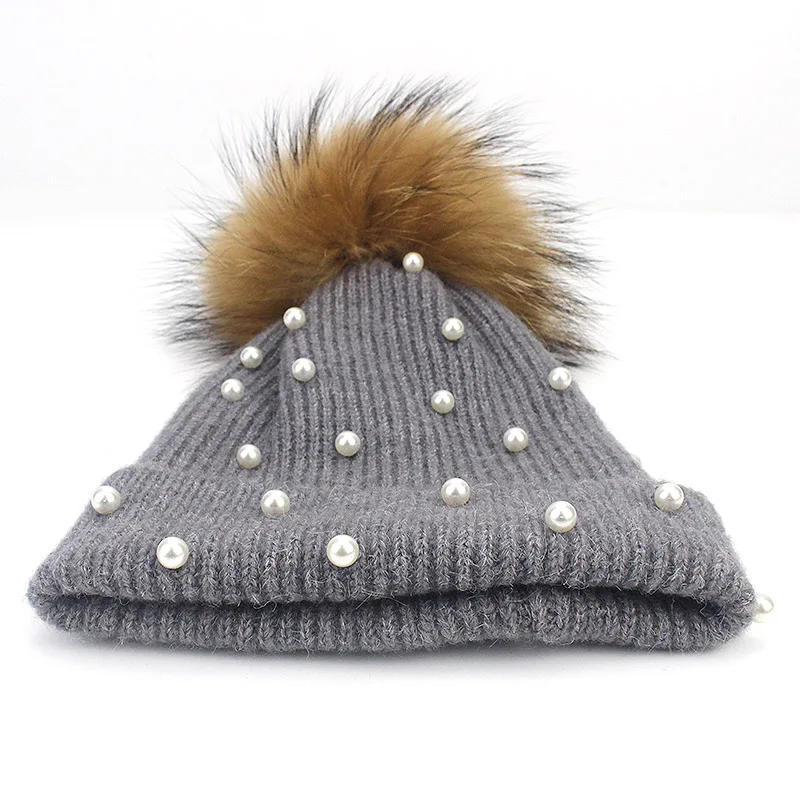 Pălărie din lână Pom-pom din blană de vulpe naturală Pălărie cu trusă de perle Fashio Căciulă de fete pentru femeie._voghion.com