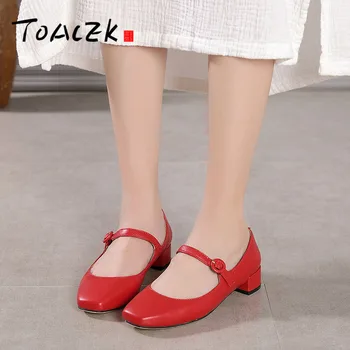

Summer Handmade Retro square head chunky heel casual women's shoes mary Jane red leather Shoes
