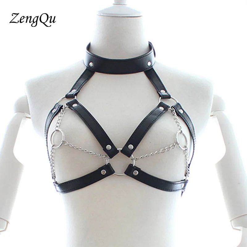

New Women Sexy Faux leather material harness for chest sculpting chest belt leather suspenders punk O-ring with Metal chain belt