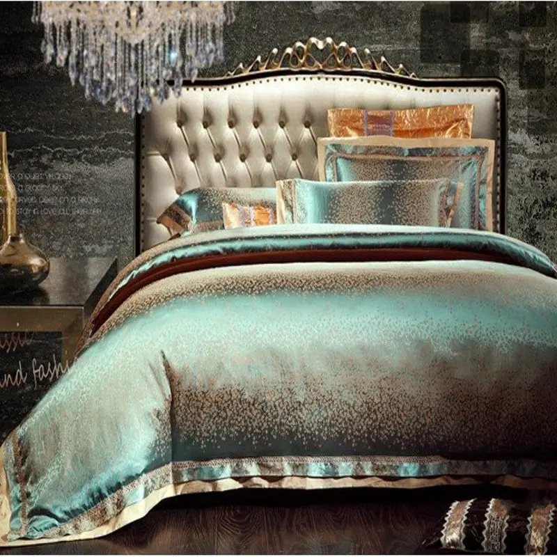 Green Satin bedding set king queen size 4pcs jacquard silk cotton duvet