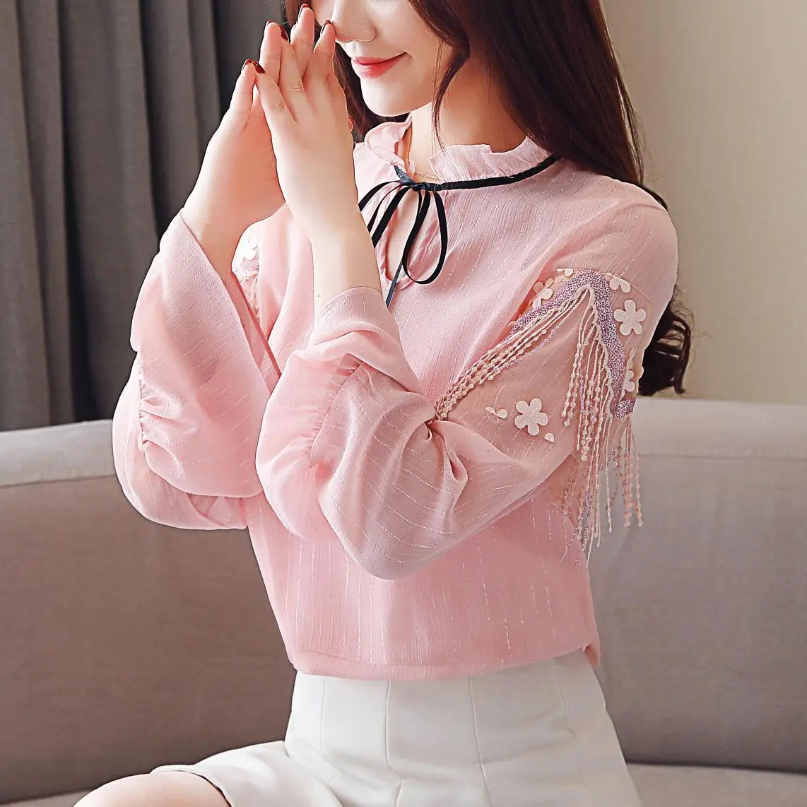 В Корейском стиле длинный рукав женщины рубашки плюс Размеры кружева блузка с бахромой Шифоновая блузка Blusas Mujer De Moda Женские топы и boulses