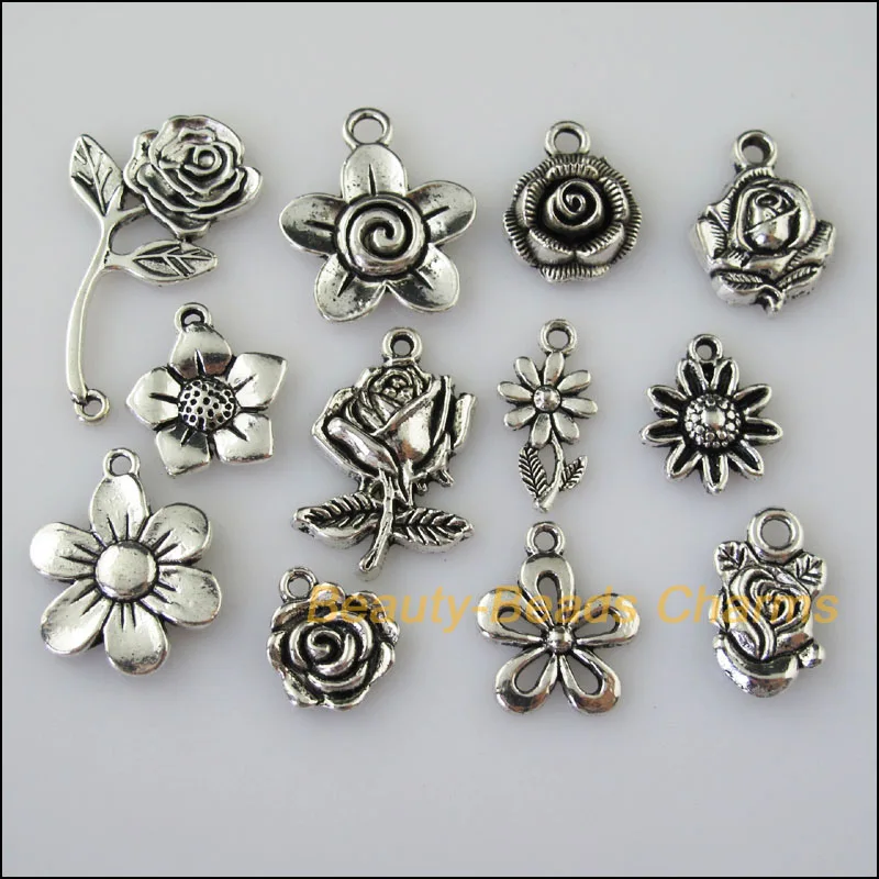 

New 12Pcs Tibetan Silver Tone DIY/Lovely Flower Mixed Charms Pendants