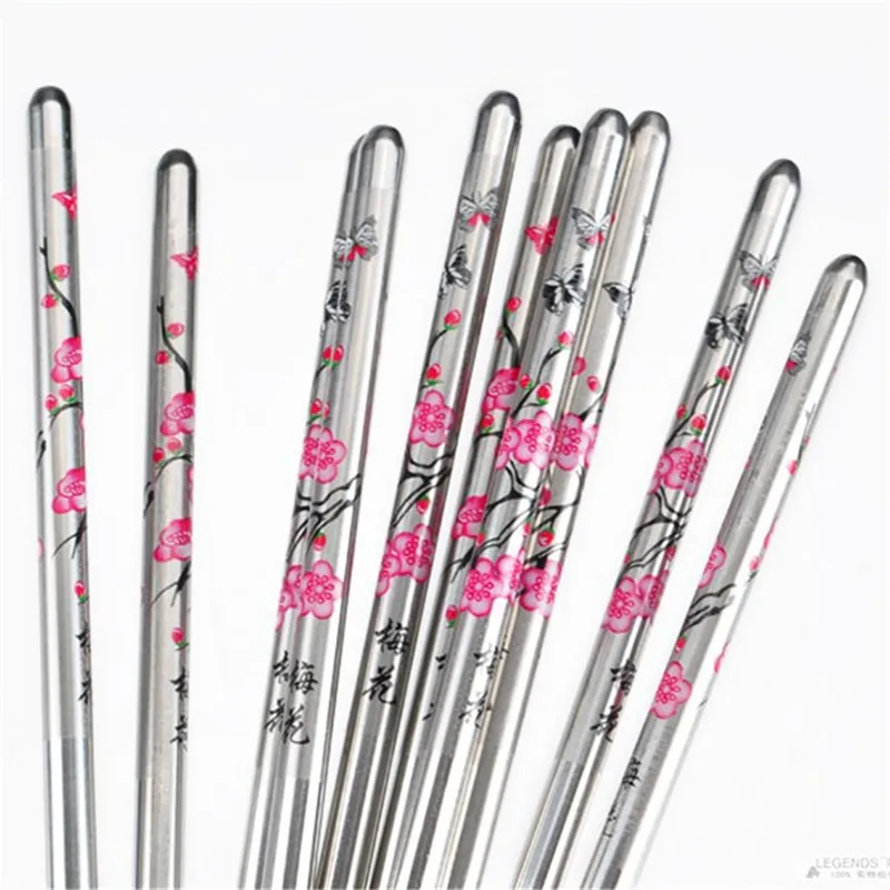 

5 Pair Stainless Steel Chinese Chopsticks Food sticks Plum Flower Pattern Chop Sticks Korean Stainless Steel Chopstick