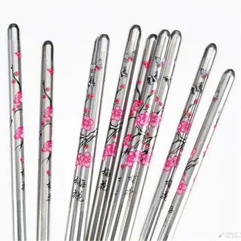 

5 Pair Stainless Steel Chopsticks Chinese Food Sticks Plum Flower Pattern Non-slip Design Kitchen Traditional Household Sticks