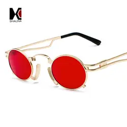 Мужские овальные солнцезащитные очки SHAUNA, уникальные винтажные маленькие очки в стиле панк, в металлической оправе с выемками и красными