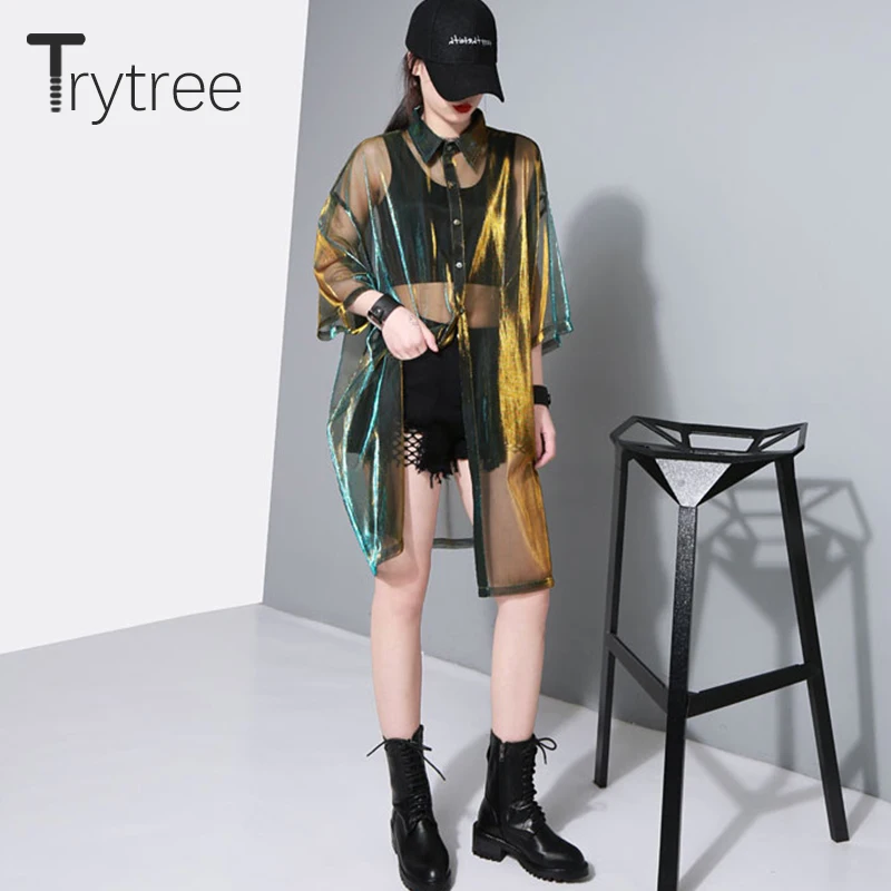 Meilleur Trytree Printemps Été Femmes Chemisier Transparent Maille Laser Sunproof top Mode chemises Solaire Moitié Manches Chemise Tops