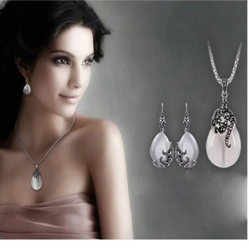 

Fashion cat's eye stone water drop necklace exquisite retro rattan necklace set