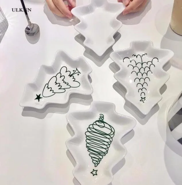 

Nordic style minimalist line Christmas tree shape bone china ceramic saucer dessert nut dip cute little dish N235