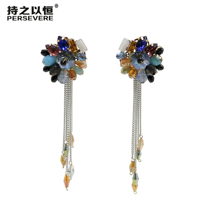 

Colorful Flower Crystal Long Earrings Bohemian Beaded Tassel Earrings For Women Handmade Boho Chain Indian Jewelry Earrings