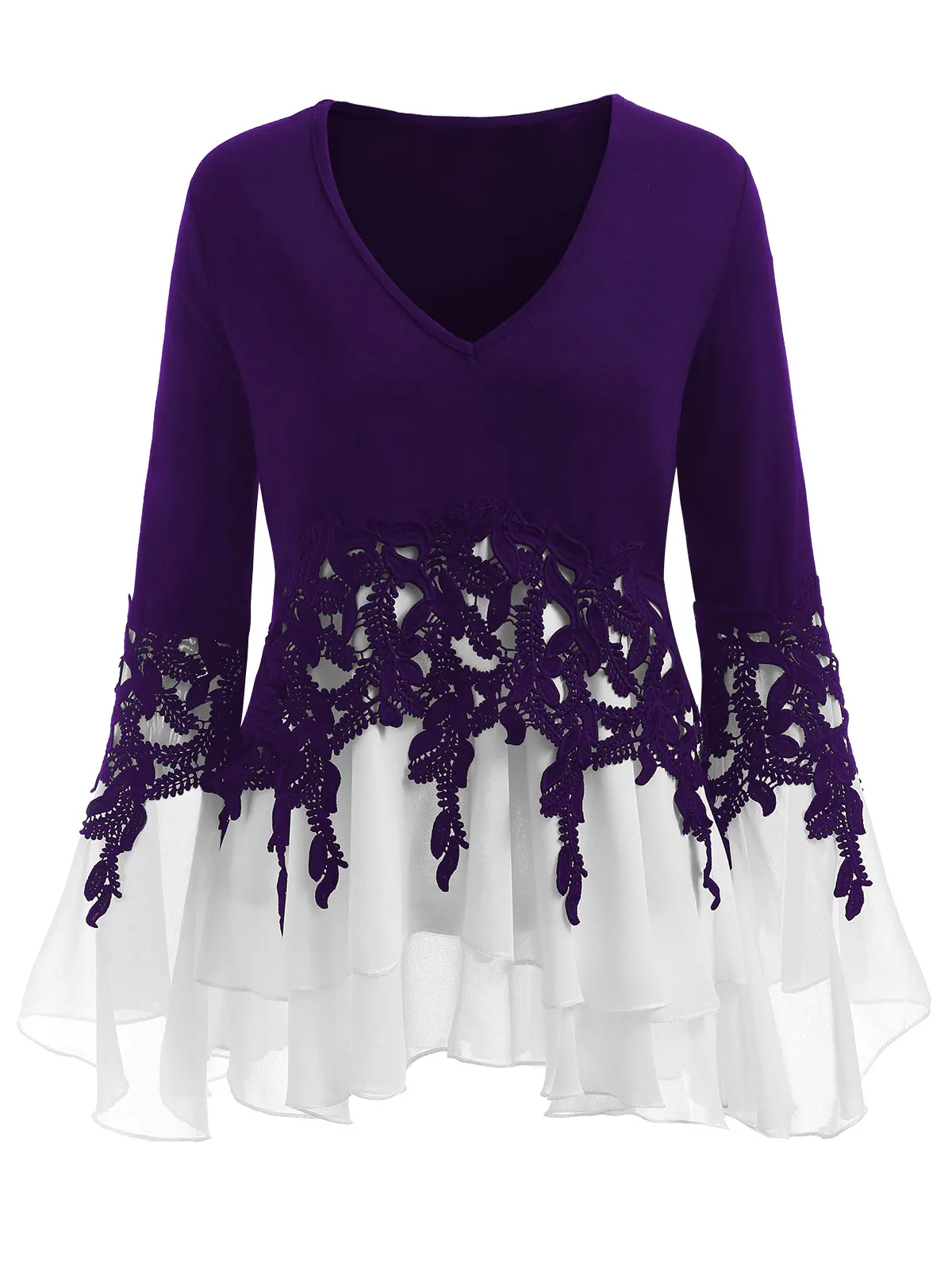 Wipalo размера плюс 5XL, сексуальная Шифоновая туника с расклешенными рукавами, топы, кружевная вязанная блуза, женская одежда большого размера, весна-осень - Цвет: Purple