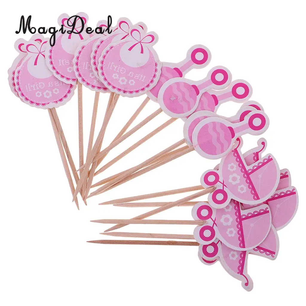 Pack of 36pcs Baby Shower Cupcake Picks Christening Baby Carriage Bib Rattle Cupcake Toppers It's a Girl Boy Party Accessories