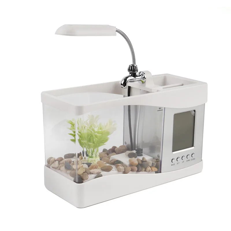 Usb Akrilik Mini Tangki Ikan Akuarium Lampu Led Dengan Jam Alarm