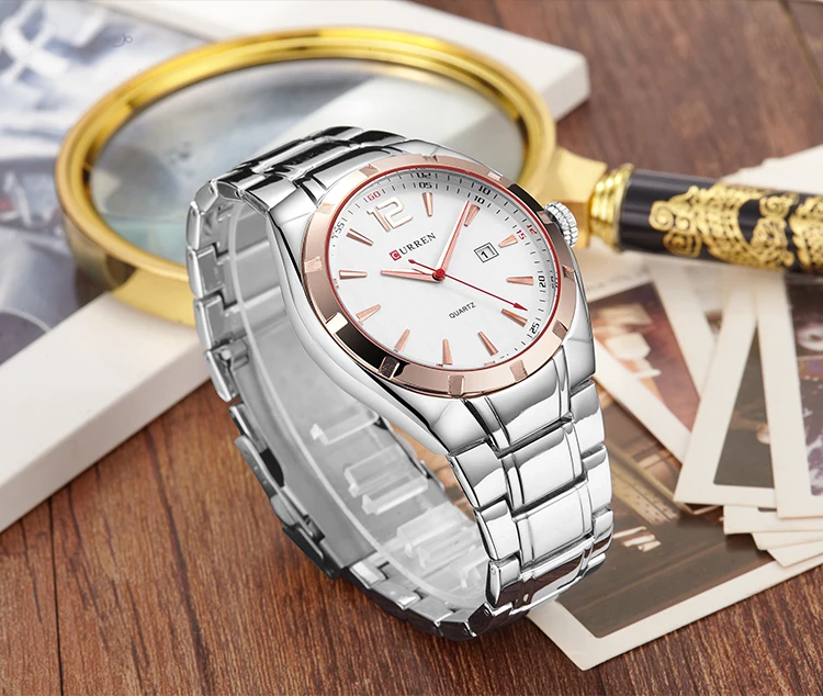 CURREN красные стрелки модные розовые золотые цифры отображение даты кварцевые часы для мужчин браслет застежка водонепроницаемые спортивные часы