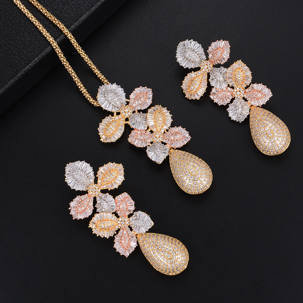 GODKI 69mmLuxury Leaf Flower Water Drop Women Wedding Cubic Zirconia Choker Necklace Earring Dubai Jewelry Set Jewellery Addict