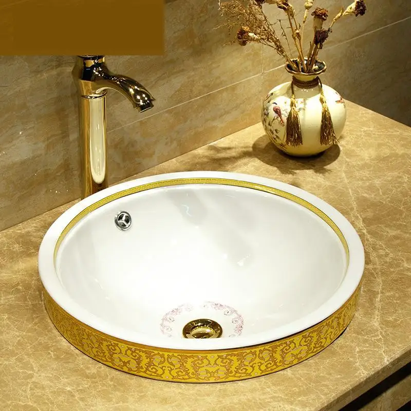 Golden Semi Embedded Porcelain bathroom vanities chinese Art Counter