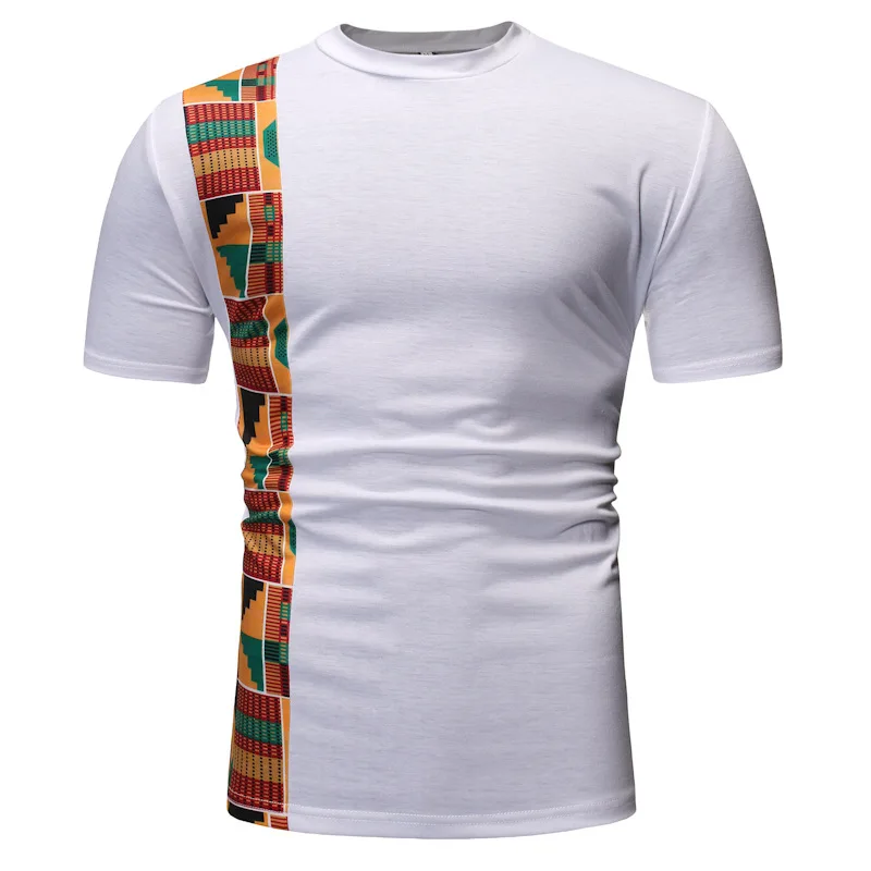 

Fashion African Kente Shirt For Mens Short Sleeves Ghana Tops Ankara Panelled Geo Printed T-Shirt Color Blocked O-Neck Summer