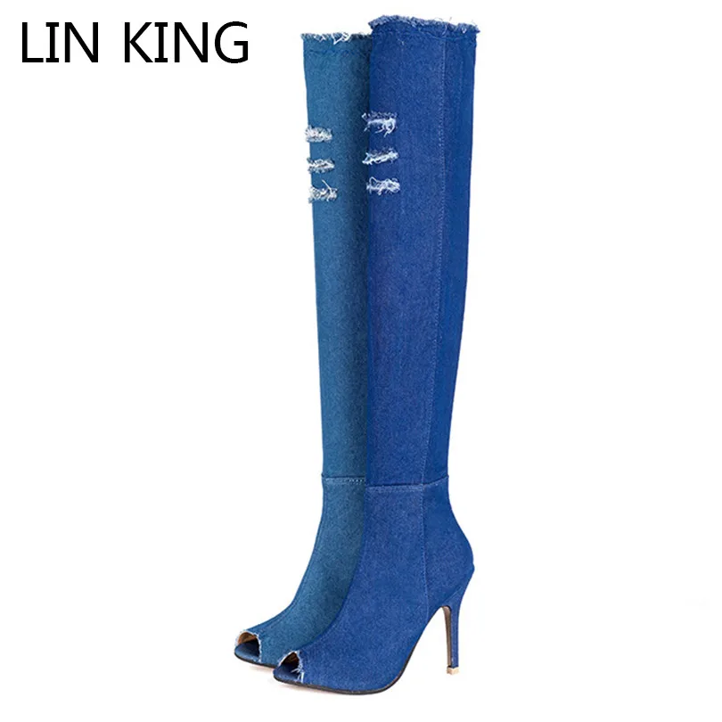 

LIN KING Thin Heel Women Long Boots Denim Over The Knee High Heel Motorcycle Boots Zipper Elastic Open Toe Cowboy Boot Botas