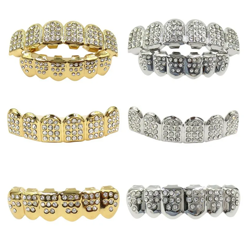 

Teeth Grills Gold Hip Hop With Drill Top&Bottom Teeth Dental Vampire Teeth Caps Mouth Halloween For Party Gift
