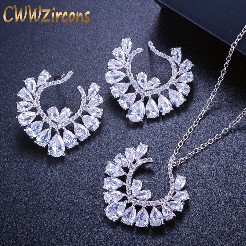 CWWZircons Designer Luxury Brand Cubic Zirconia Jewelry Sets Silver Color Big Flower CZ Earrings