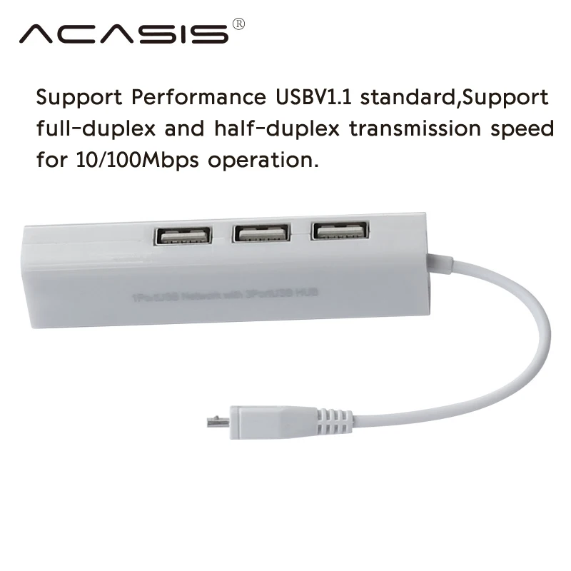 Acasis OTG 3 Порты и разъёмы USB 2,0 концентратор 10/100MB для микро-флеш-накопителя USB RJ45 сетевой адаптер проводной сетевой карты для Win7 Android Mac OS ноутбук