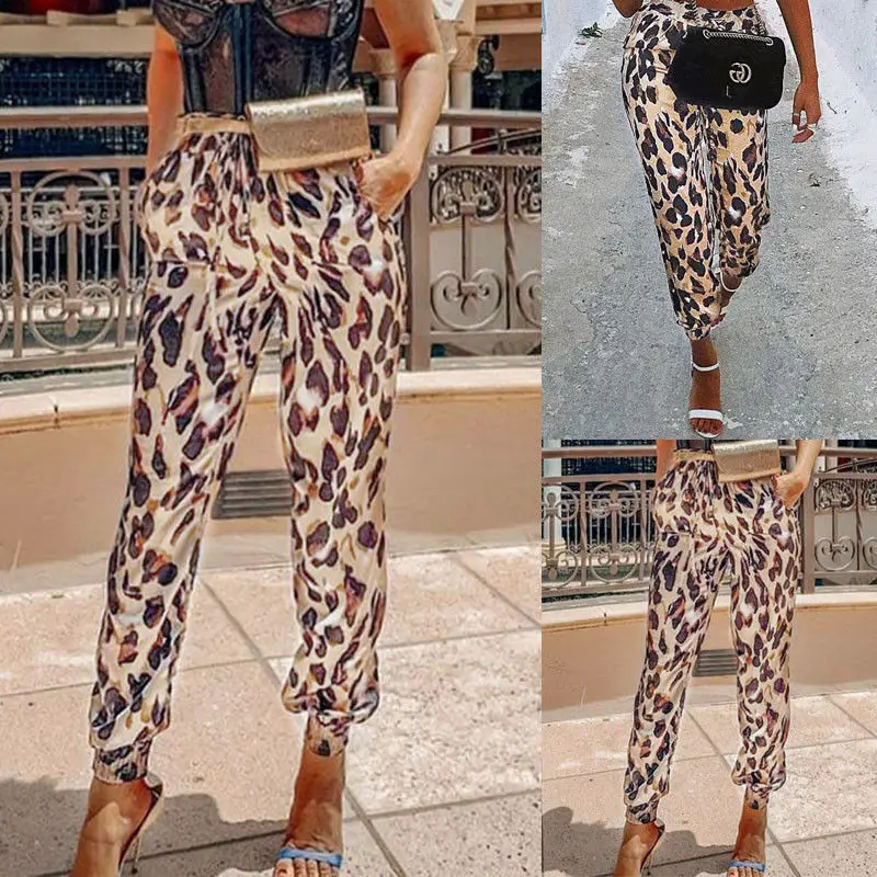 

New Women Ladies Fashion Casual Pants High Waist Jogger Skinny Leopard Trousers With Pockets Harem Pants