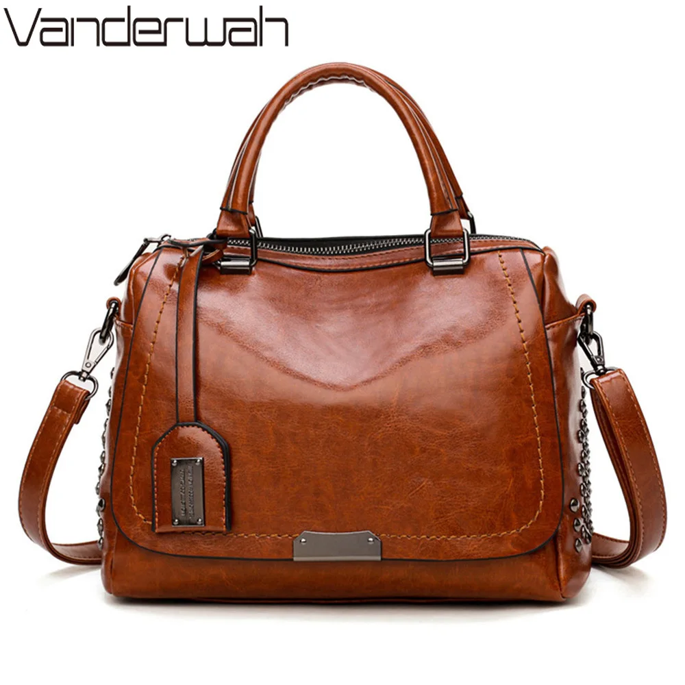 

VANDERWAH Boston Women Bag Vintage Rivet Shoulder Bags Sequined Women Handbags Designer PU Leather Bags Ladies 2018 NEW tote sac