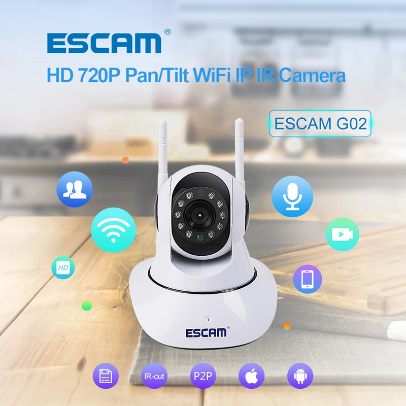 

ESCAM G02 Dual Antenna 720P Pan/Tilt WiFi IP IR Camera Support Two Way Audio ONVIF Max Up to 128GB Security Wireless Camera