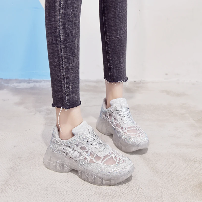 

Rimocy women crystal lace mesh sneakers fashion transparent PVC soles breathable vulcanize shoes woman lace up platform shoes